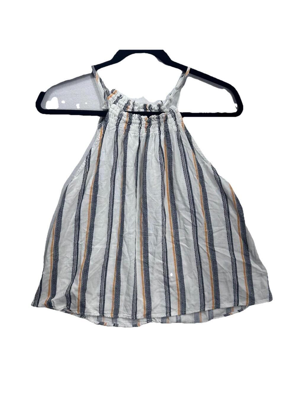 Staccato Halter Top Women Small White Blue Yellow Striped Smocked HighNeck 16744